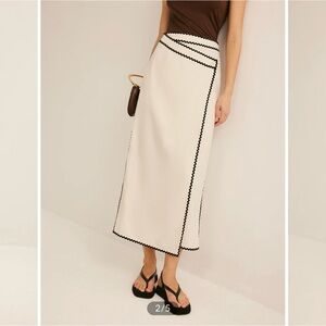 Cream Midi Skirt with Black Trim - Women's Elegant Wrap Style